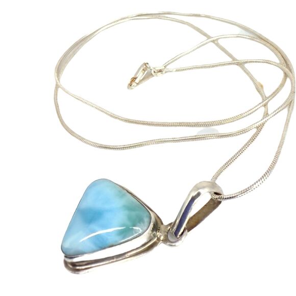 Larimar Triangle Pendant Necklace 24" 925 Sterling Silver Blue Crystal Stone - Picture 8 of 15